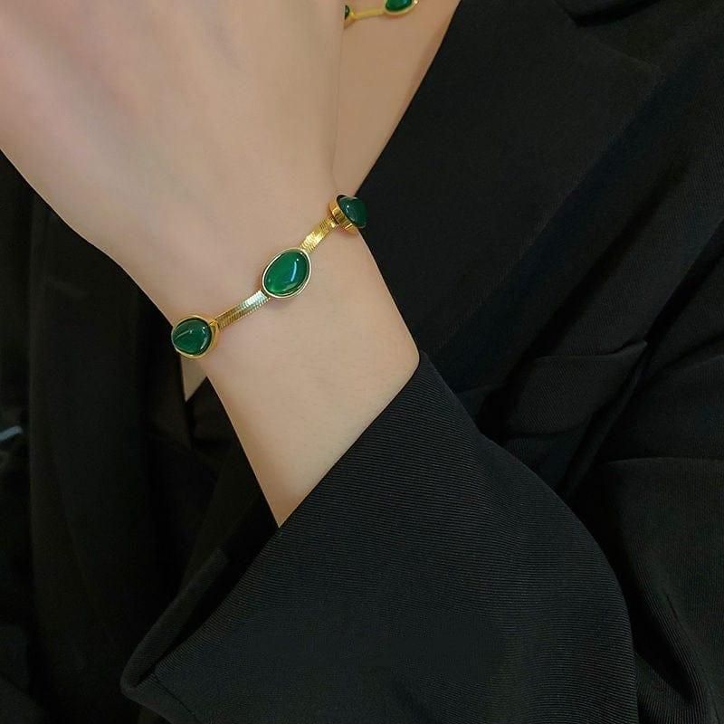 Oval Green Crystal Pendant Necklace Set With Bracelet - The Trend Hype Store
