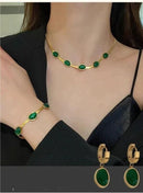 Oval Green Crystal Pendant Necklace Set With Bracelet - The Trend Hype Store